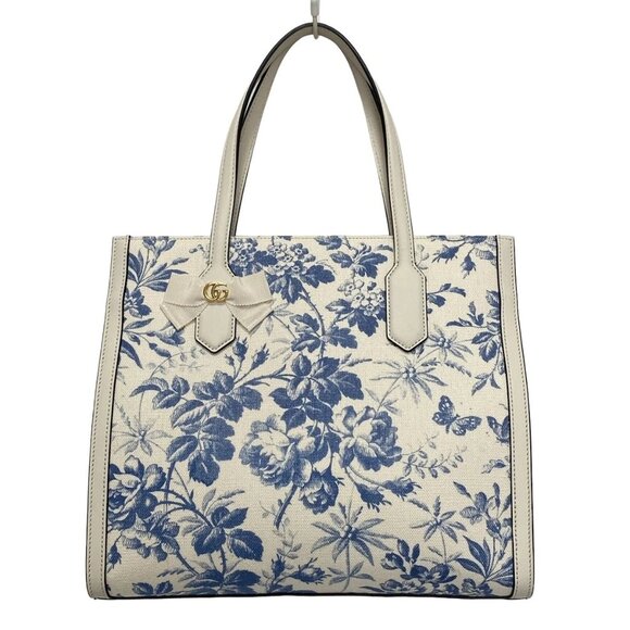GUCCI GG ribbon,Herbarium Cream Blue Canvas Leather - Tote Bag 595-063025 - Picture 1 of 8